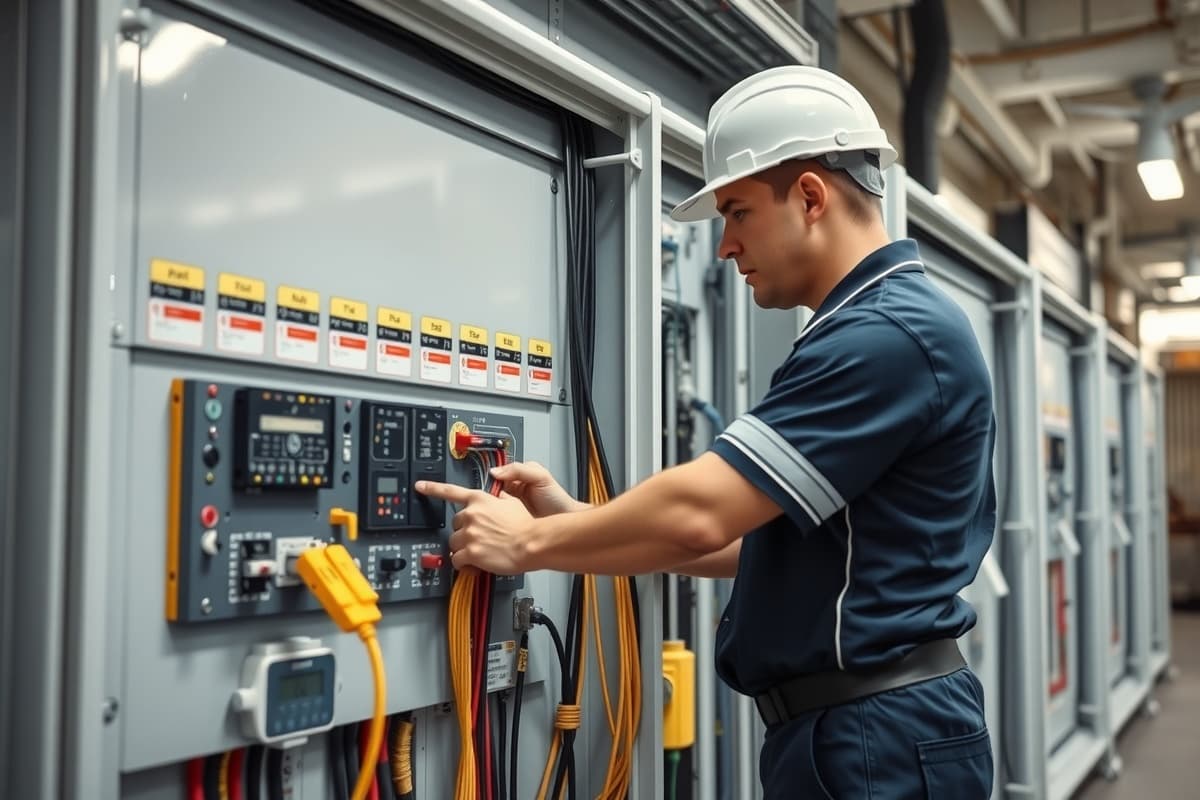 Commercial electrician working on switchboard in Sydney office building